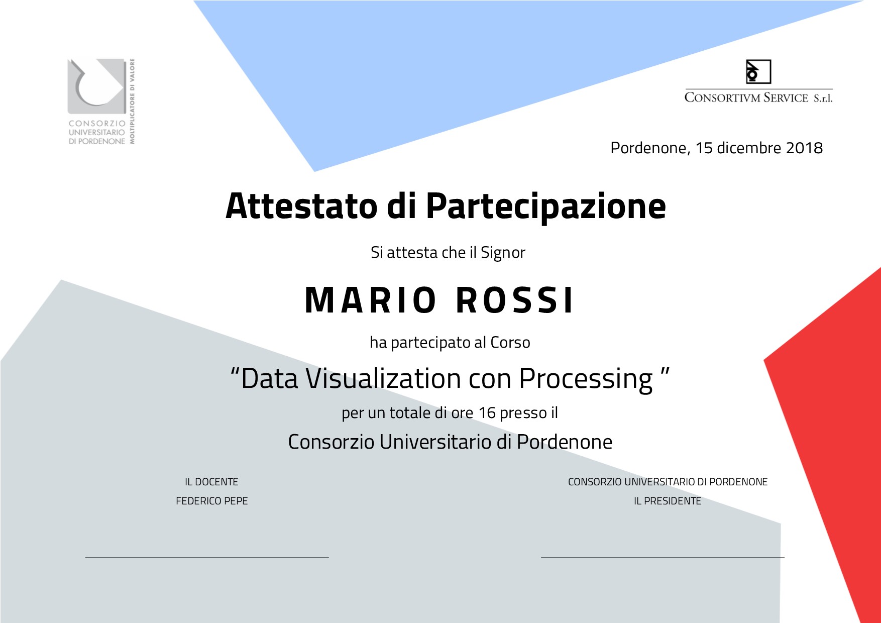Attestato corso Data Visualization Processing Consortium Service