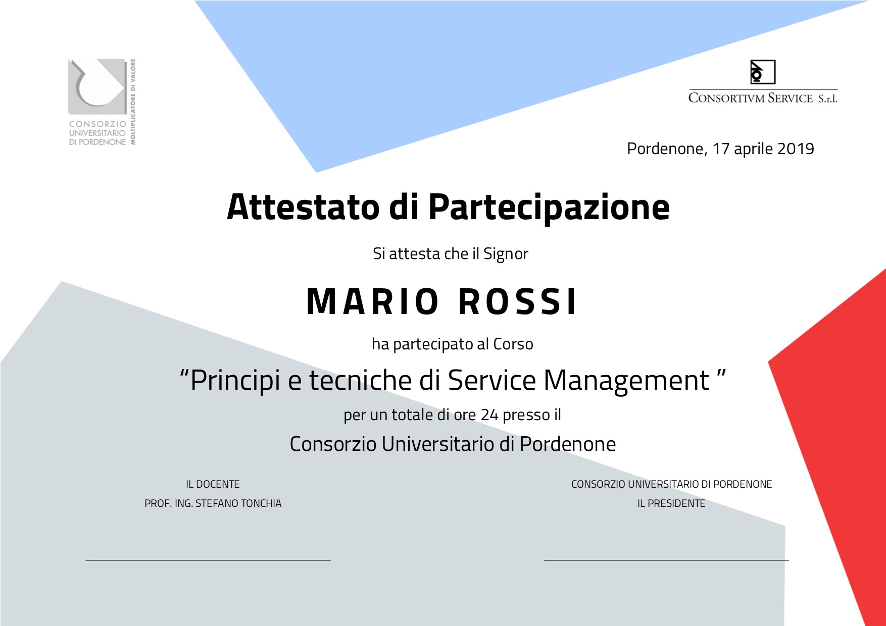 Attestato corso Service Management Stefano Tonchia