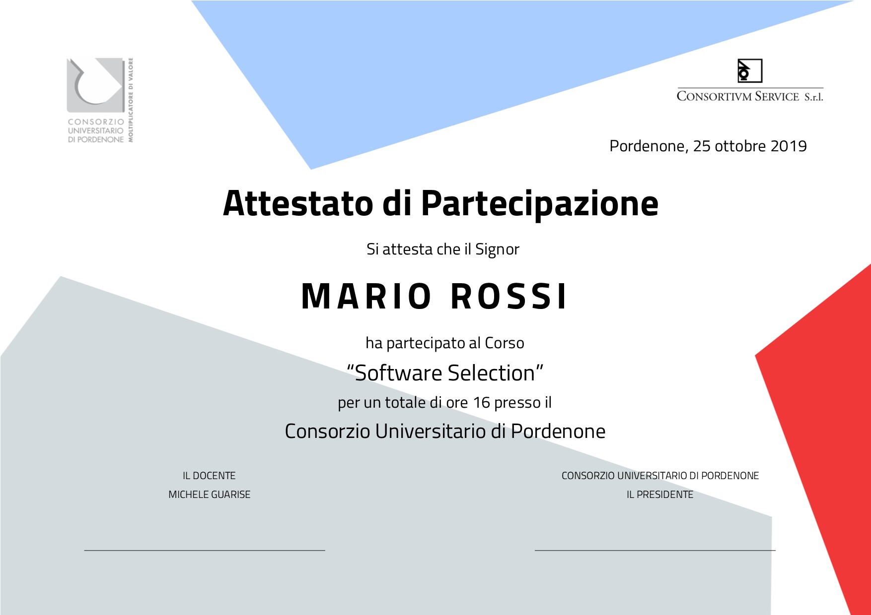 Attestato corso Software Selection Consortium Service