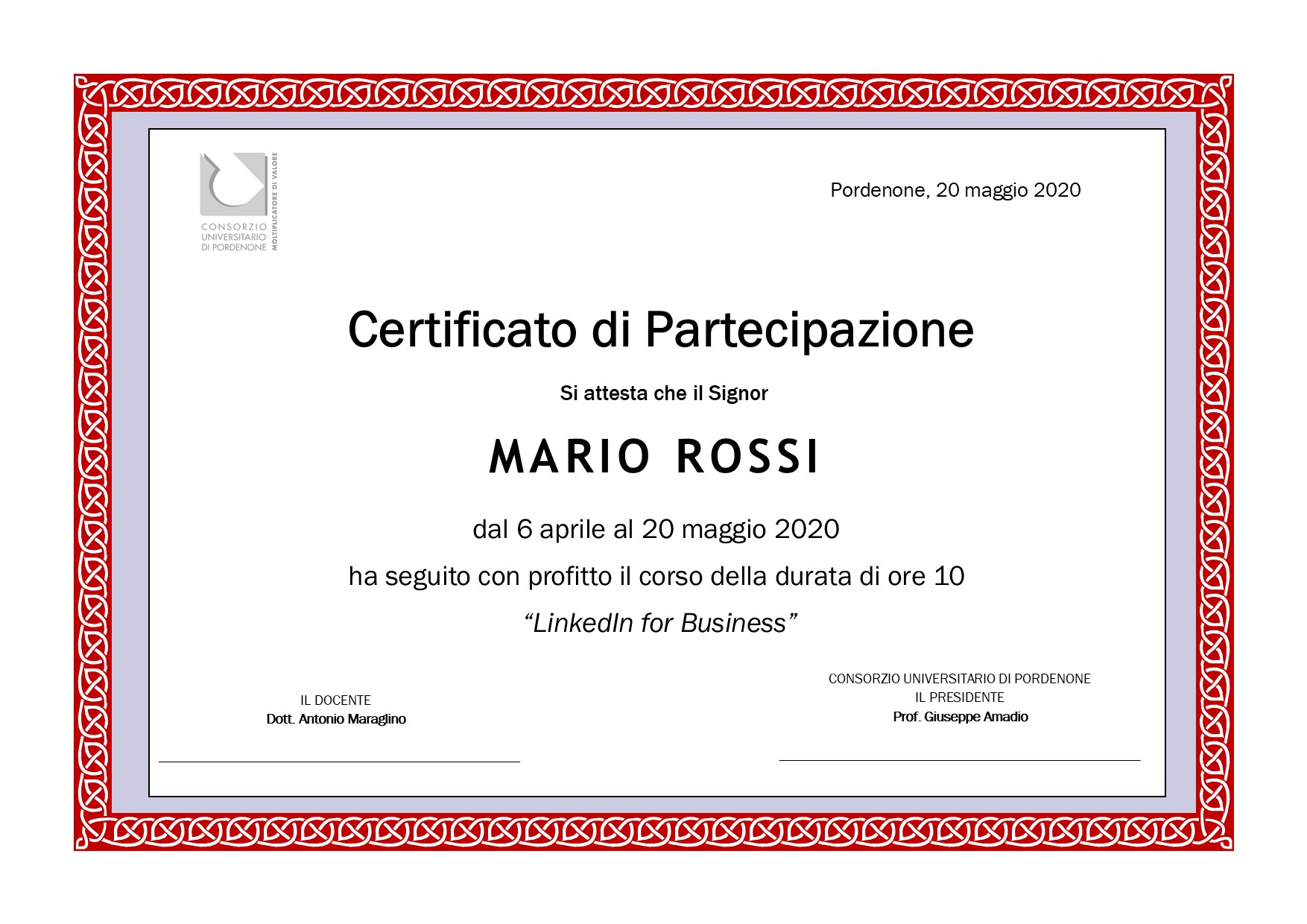 Attestato corso LinkedIn for Business Consortium Service